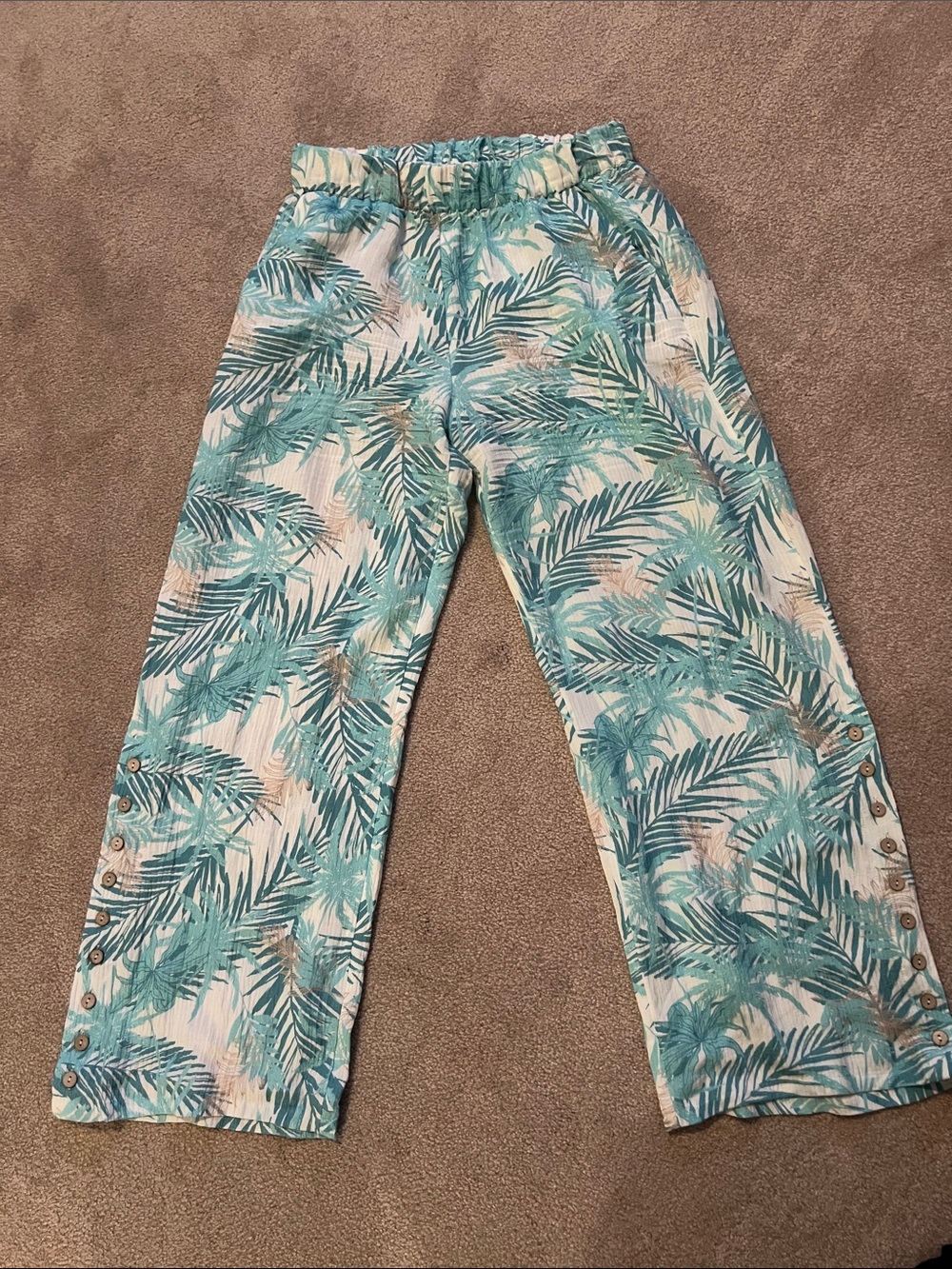 Soft Surroundings Teal Palm-Print Pull-On Pants, M (12-14)